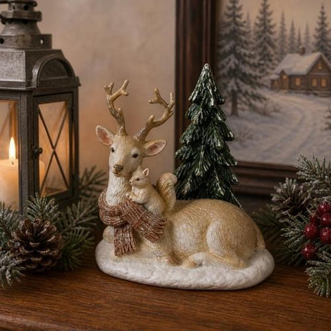 Cerf décoratif couché avec écureuil et sapin