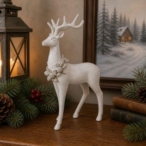 Grand cerf décoratif blanc avec pommes de pin