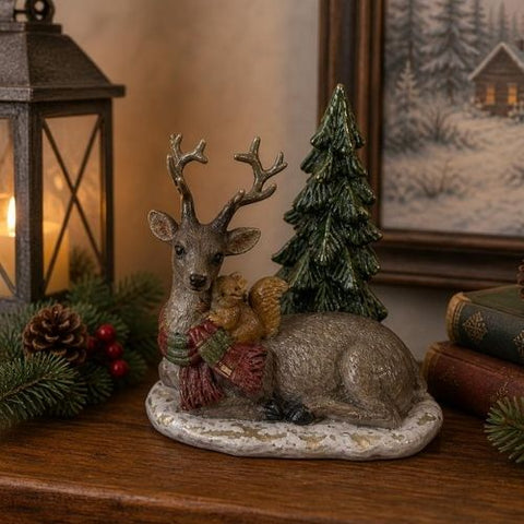 Cerf décoratif couché avec écureuil et sapin