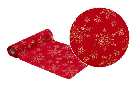 Chemin de table en velours rouge avec flocons dorés pailletés