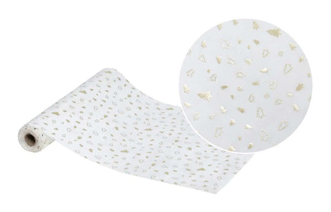 Chemin de table en velours blanc avec motifs sapins dorés