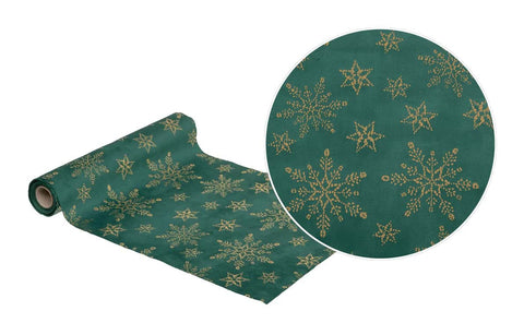Chemin de table en velours vert avec flocons dorés pailletés