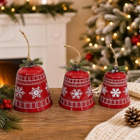 Cloche décorative rouge en métal avec flocons