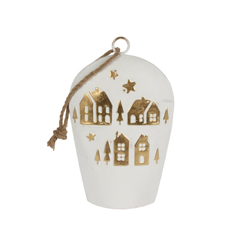 Clochette décorative en métal blanc avec maisons dorées