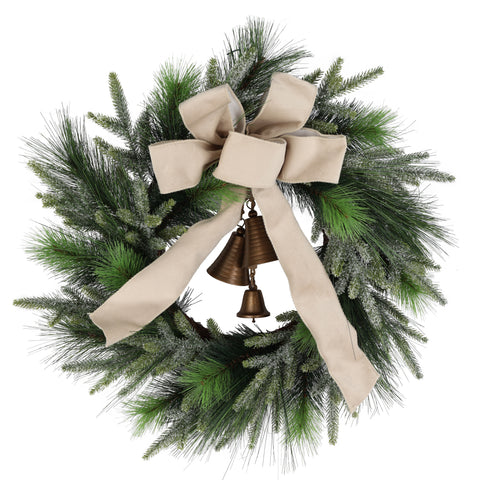 Couronne de pin givré avec ruban beige et clochettes