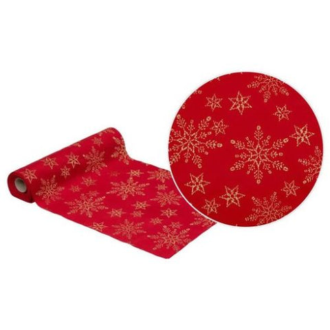Chemin de table en velours rouge avec flocons dorés pailletés