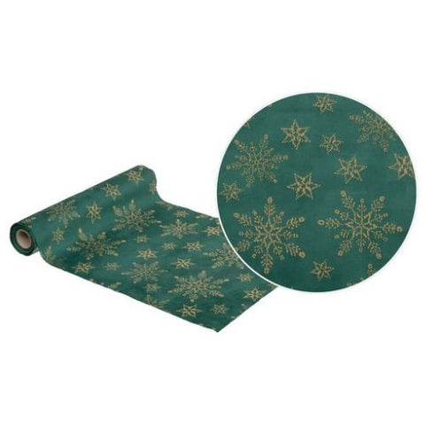 Chemin de table en velours vert avec flocons dorés pailletés