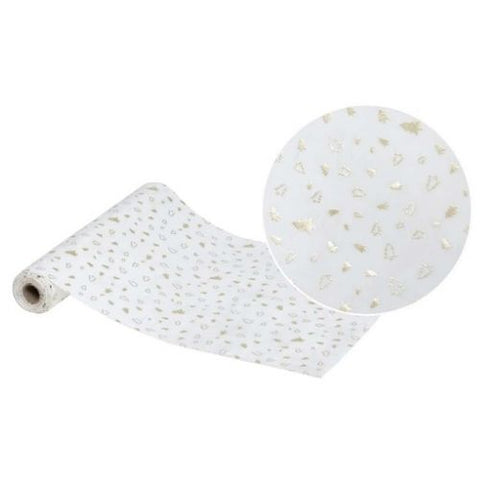Chemin de table en velours blanc avec motifs sapins dorés