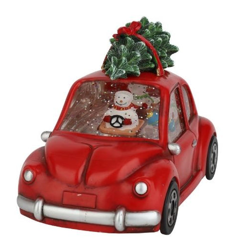 Boule d’eau lumineuse voiture rouge avec bonhomme de neige