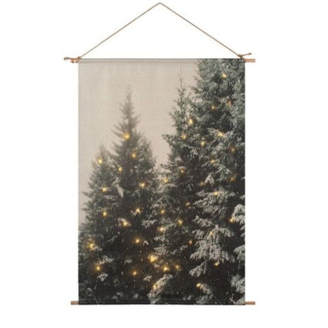 Toile murale avec sapins enneigés et lumières DEL