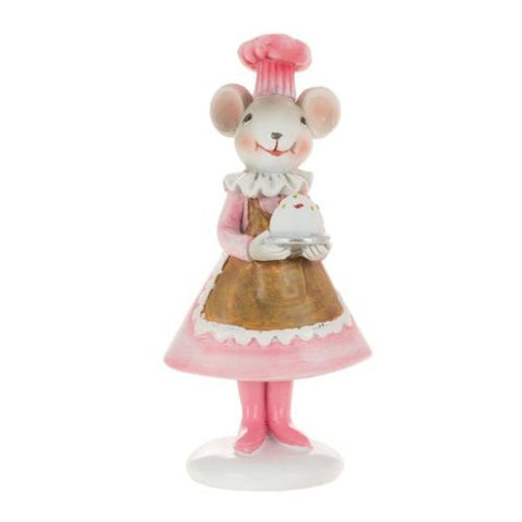 Figurine souris pâtissière en robe rose