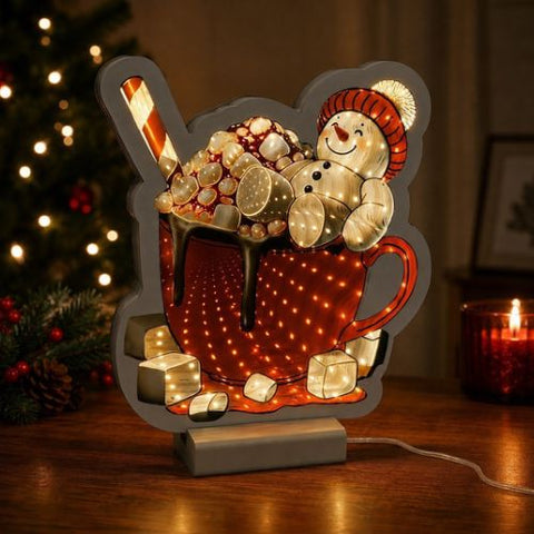 Décoration de table lumineuse à DEL "Bonhomme de neige avec un chocolat chaud"