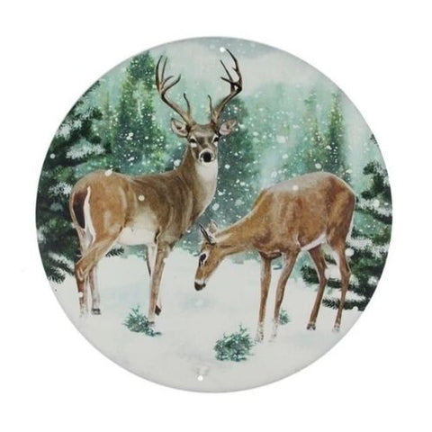 Enseigne murale ronde en métal Cerfs dans la forêt enneigée