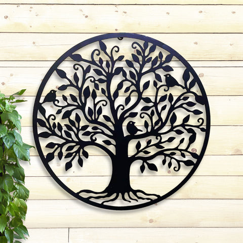 Art mural en métal noir – Arbre de vie avec oiseaux