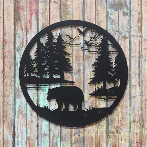 Art mural circulaire en métal - Ours dans la forêt