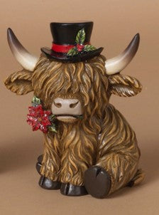 Vache décorative en résine avec chapeau de Noël