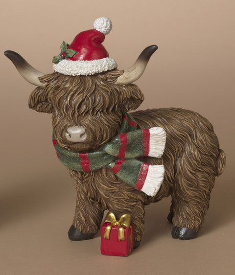 Vache Highland festive en résine avec foulard et cadeau