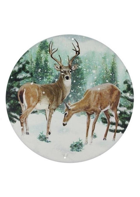 Enseigne murale ronde en métal Cerfs dans la forêt enneigée