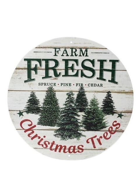Enseigne ronde en métal "Farm Fresh Christmas Trees"