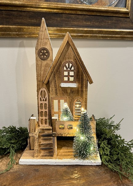 Église décorative en bois naturel avec lumières DEL