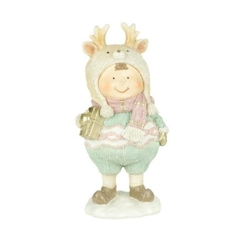 Figurine enfant d’hiver avec cadeau et chapeau renne