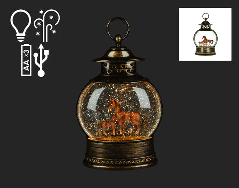 Globe lumineux cheval avec neige tourbillonnante