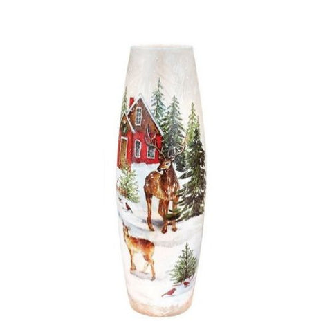 Lampe  de Noël Maison rouge et forêt avec cerfs