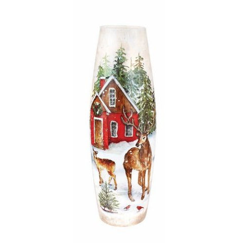 Lampe de Noël Maison rouge et cerfs en forêt enneigée