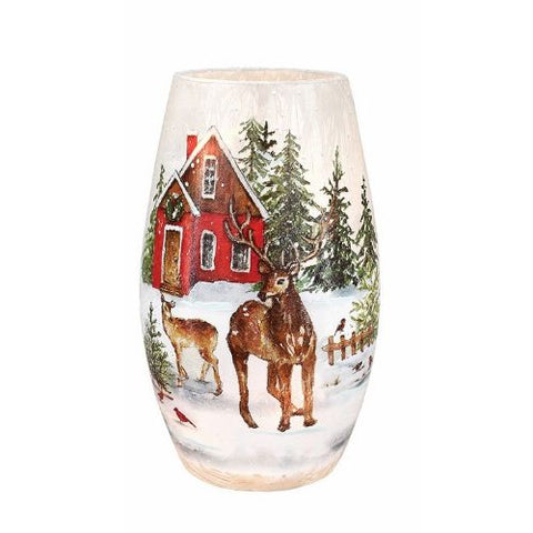 Lampe de Noël "Grange rouge, cerfs et oiseaux en forêt enneigée"