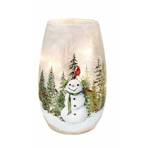 Lampe de Noël "Bonhomme de neige souriant et oiseaux en forêt"