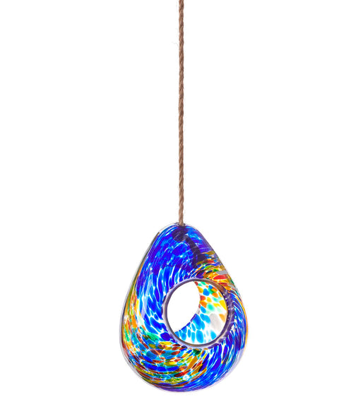 Mangeoire à oiseaux en verre en forme de larme, bleue et jaune