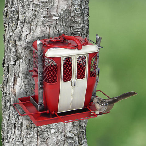 Mangeoire à oiseaux décorative Tramway rouge en métal
