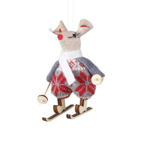 Ornement souris rouge sur skis