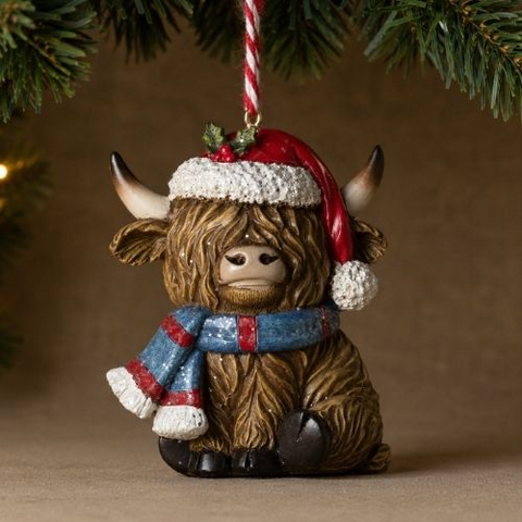 Ornement de Vache Highland avec tuque et foulard bleu