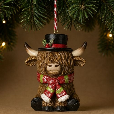 Ornement de Vache Highland avec chapeau et foulard