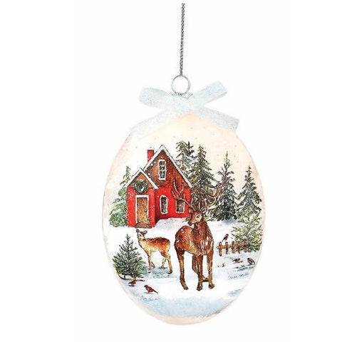 Boule de Noël illuminée Maison rouge et cerfs en forêt