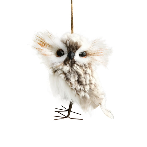 Ornement hibou brun en laine bouclée