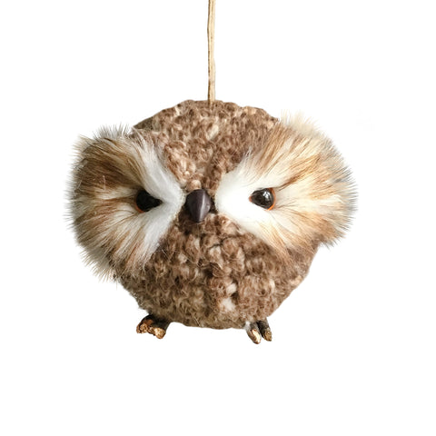 Ornement hibou brun en laine bouclée