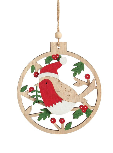 Ornement oiseau en bois avec chapeau de Noël
