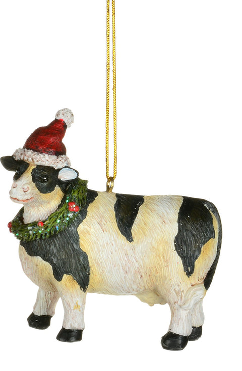 Ornement de vache avec couronne et chapeau de Noël