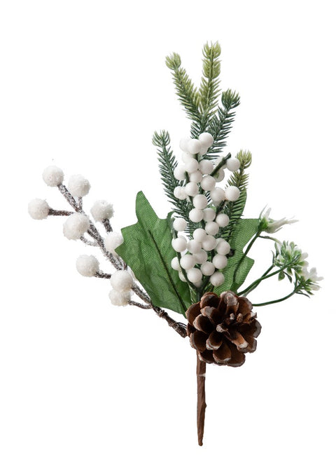 Pic décoratif de pin avec baies blanches et cocotte