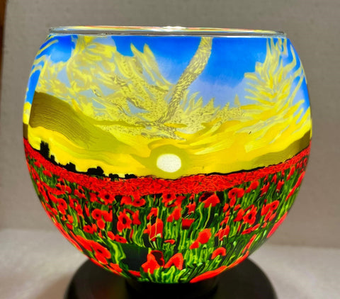 Porte-bougie décoratif en verre Soleil et coquelicots
