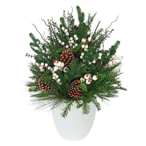Arrangement artificiel de pin en pot avec baies blanches et pommes de pin