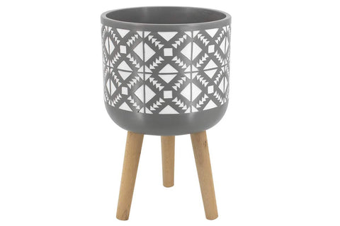 Pot gris et blanc sur pattes en bois