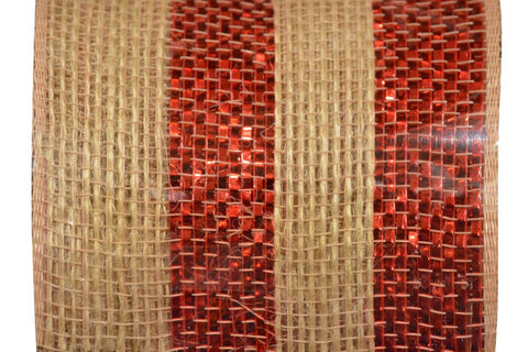 Ruban décoratif en jute naturel avec bandes rouges scintillantes