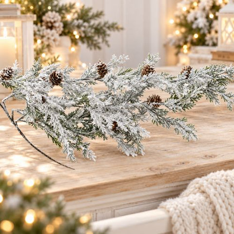 Branche décorative blanche givrée avec cocottes