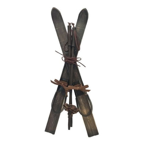 Skis décoratifs en bois et cuir brun avec bâtons