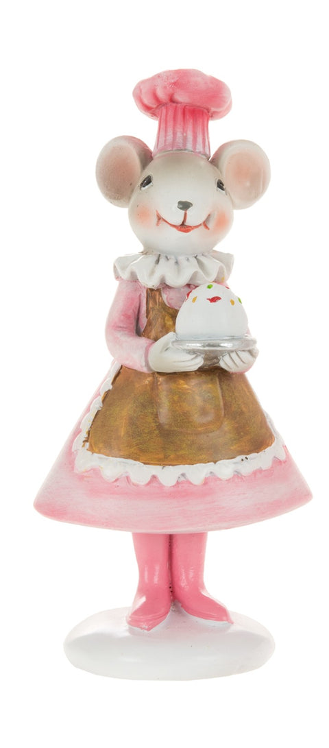 Figurine souris pâtissière en robe rose