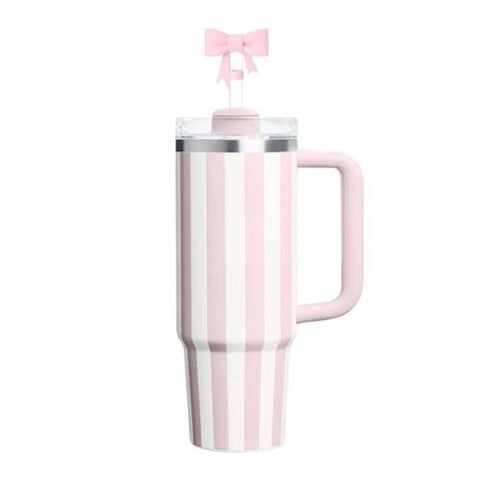 Tasse isotherme rayée rose avec paille - Chantal Lacroix