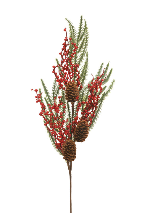 Tige décorative avec baies rouges, cocottes et feuillage de pin